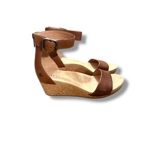 UGG Zoe II Wedge Sandals Size 7 Women's Brown‎ Leather Cork Ankle Strap Shoes